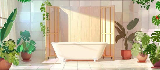 Sticker - A bathroom in a building with a bathtub surrounded by houseplants in flowerpots, creating a peaceful and natural atmosphere