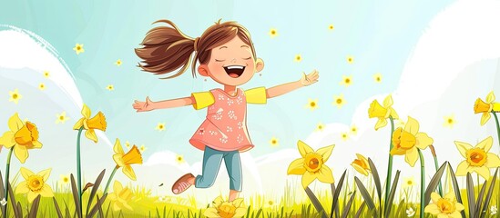 Canvas Print - A little girl joyfully jumps in a field of colorful flowers, surrounded by green grass and leafy plants, creating a beautiful natural landscape