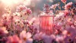 Bottle of perfume and mallow flowers Perfume fragrance freshness concept Long banner format ,Generative ai, 