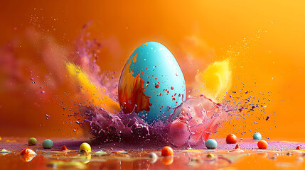 Poster - easter egg in a color explosion or splash on orange background 