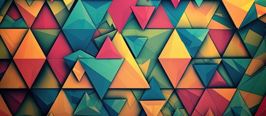 Wall Mural - A creative arts piece featuring a colorful geometric pattern of triangles in tints and shades of aqua, magenta, and electric blue on a symmetrical blue background