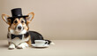 Corgi dog with a black top hat, bowtie, and monocle, next to a teacup, isolated on a beige background with copy space - elegance, companionship, pet-friendly cafe concept