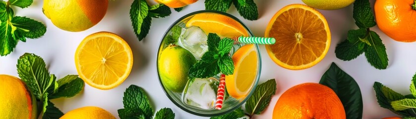 A refreshing summer drink surrounded by citrus fruits and mint leaves, summer background, top view, copy space, studio shooting