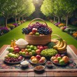 five kg rice or baryane tabale on the nodal in five plats five chair one house in the sofa sat eid day cpachei dabal bed in the garden inone table on the a basket full of the grapes, apple , ctarbe an