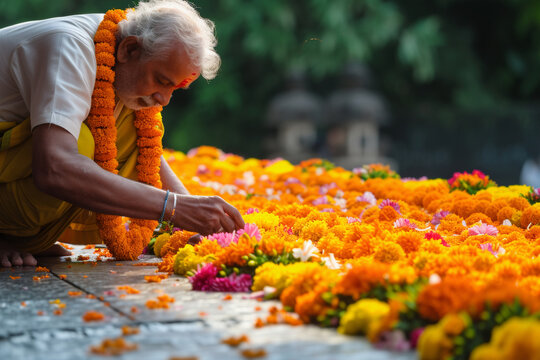 Indian traditional flower decoration, Indian festival garland. Toran decor made of marigold flowers for hindu wedding celebration
