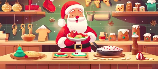 Sticker - Santa Claus, a fictional character, is in a kitchen standing by a table holding a dish of food. He is ready for a holiday event with his iconic beard