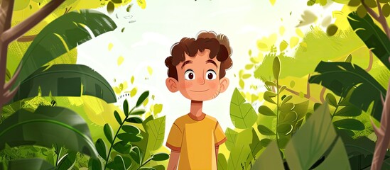 Sticker - A cartoon boy stands in a lush green forest surrounded by vibrant vegetation and tall trees. The natural landscape is filled with happy plants and grass, creating a beautiful scene