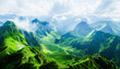 Lush green mountainous landscape with rolling hills, valleys, and patches of mist under a bright blue sky with clouds.