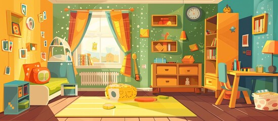 Canvas Print - An interior design cartoon of a childs room with a yellow rectangleshaped table, a chair, grassthemed art, and a painting, creating a leisurely atmosphere