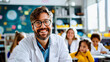 A smiling male teacher in a lab coat with students in a colorful classroom setting, likely during a science lesson.