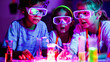 Three children wearing glowing glasses conducting colorful science experiments under black light, seeming fascinated and focused.
