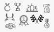 Set of winners handdrawn icons - goblet, medal, wreath, race flags, belt, sertificate. Vector