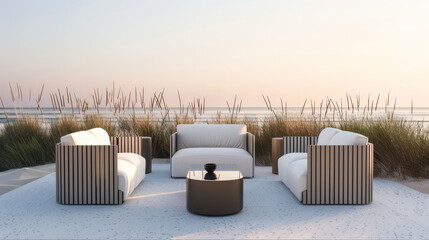 Poster - an outdoor living room set of chairs with beach view