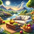 sofa sat near the river enviornament and one tabel on the full of basket with apple ,grapes, wite grapes, ctarbe , banana near the flower ,garden ,and plants under the mon and stars