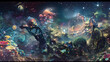 A surreal landscape filled with colorful mushrooms, bubbles, and stars under a night sky.