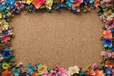 Fototapeta  - Cork board with flowers pasted on it, frame background. Free space for text or greeting