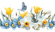 butterfly, tulips and daffodils flowers composition on a white background