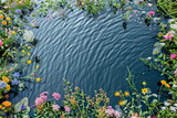 Fototapeta  - Flowers floating on water, frame background. Free space for text or greeting  