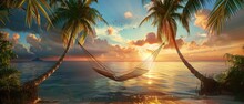 A Hammock Strung Between Two Palm Trees On A Secluded Tropical Island