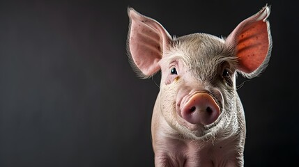 portrait of a sad smiling pig, photo studio set up with key light, isolated with black background and copy space