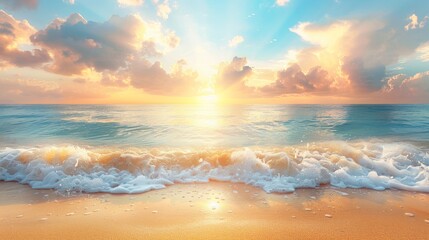 Wall Mural - Beautiful sea summer or spring abstract background. Golden sand beach with blue ocean and cloudscape and sunset in the back.
