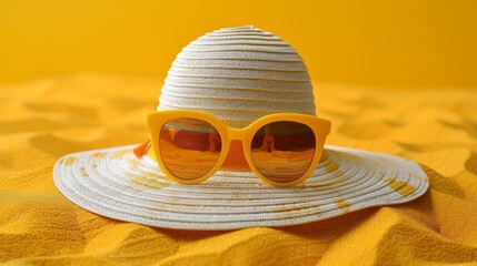 Wall Mural - A yellow sunglasses and striped retro hat summer concept 