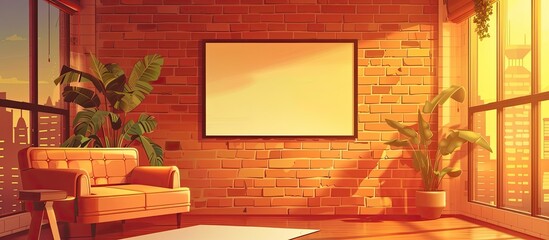 Poster - A rectangular wooden picture frame hangs on the brick wall in the living room of the house, adding entertainment and personality to the space