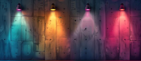 Canvas Print - An electric blue, violet, magenta, and purple row of colorful lights illuminate the wooden wall, creating a vibrant and entertaining display against the darkness. Perfect for a midnight event