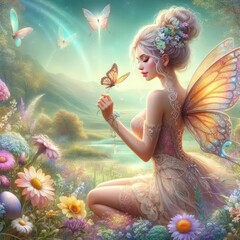 Wall Mural - butterfly fairy fantasy easter landscape illustration