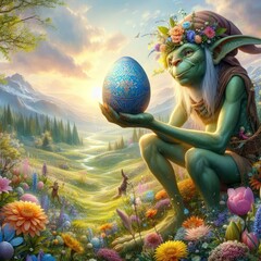 sitting green goblin with easter egg fantasy easter landscape illustration