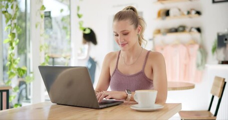 Canvas Print - Coffee shop, remote work and woman on laptop for research, project and website on internet. Freelance, university student and person on computer in restaurant for elearning, education and studying