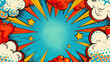 Colorful comic book style explosion illustration with a central banner with blank space for custom content