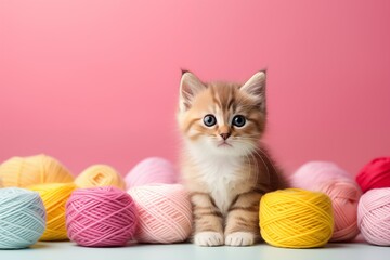 Poster - Closeup cute cat and pastel yarn roll on blurred soft pink background