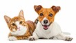 Portrait of funny dog Jack Russell Terrier and cheerful cat Scottish Straight isolated on white backgroun