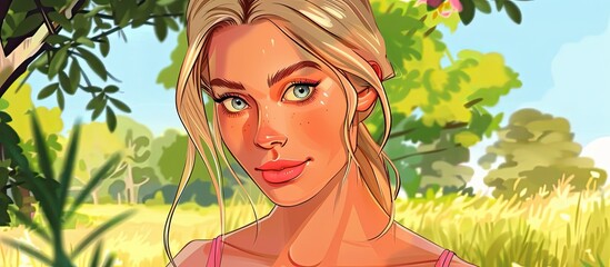 Sticker - A happy woman portrayed in a cartoon art style, standing in a field with trees in the background. Her eyelashes flutter as she gazes at the lush green grass and colorful irises around her