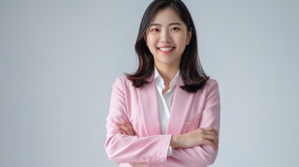 Wall Mural - Portrait smile confident asian business designer woman pink suit office.