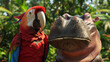A colorful parrot and a large hippo are standing next to each other in a jungle