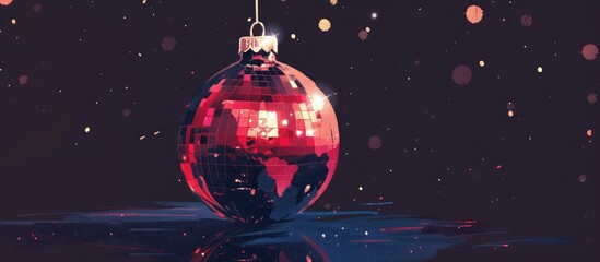 Poster - An automotive lighting red christmas ornament dangles from a string against a dark background, resembling a magenta astronomical object in a liquid circle