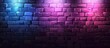 A symmetrical pattern of electric blue and magenta lights shines on a brick wall, accentuating the purple and violet tints and shades of the rectangular brickwork