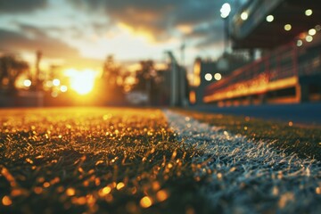 Canvas Print - Blurry image of soccer field with sun setting in background