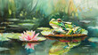 Frog on lily pad, forest backdrop, watercolor, vibrant pastels