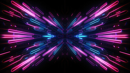 Wall Mural - Neon futuristic flashes on black background. Motion light lines backdrop. For banner, postcard, illustration. Created with generative AI tools