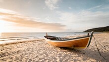 Colorful Small Wooden Fishing Boat On Beach Summer And Vacation