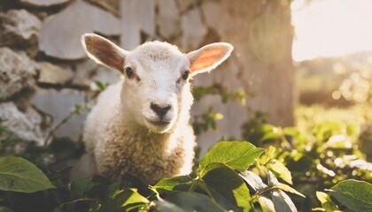 Wall Mural - portrait of cute white small sheep lamb in green foliage near wall in vintage retro effect style happy easter and springtime concept