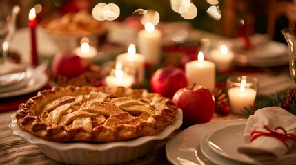 Poster - A freshly baked homemade apple pie sits on a table, with candles in the background