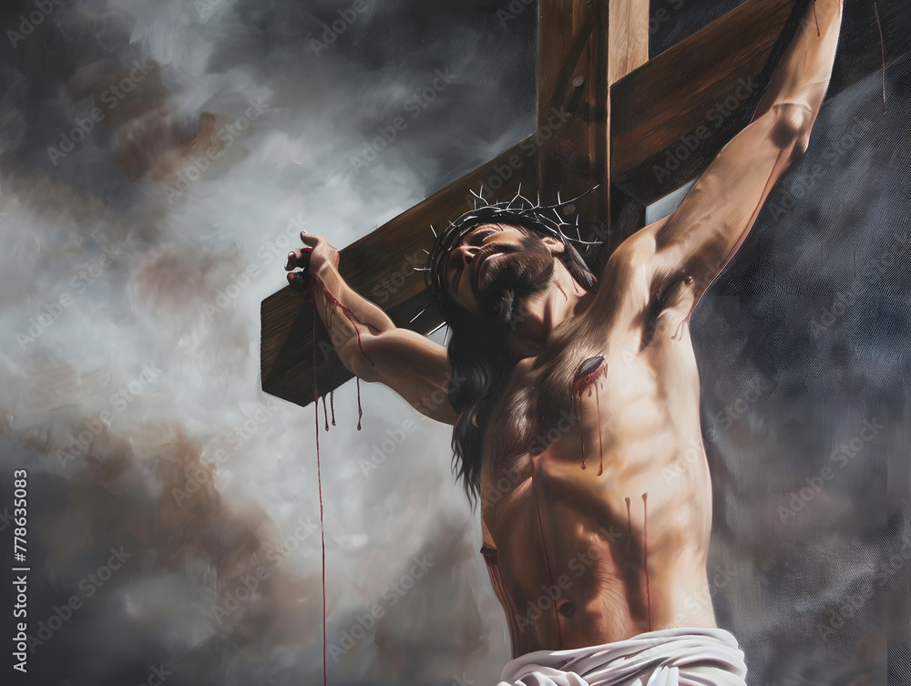 Jesus Cross Rffect depiction of Jesus on the cross, focusing on the dramatic interplay of ...