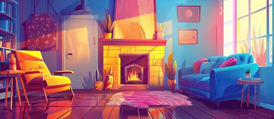 Wall Mural - A living room with a fireplace features a purple couch, violet chair, and magenta table. The walls are painted electric blue, creating a vibrant and artistic space with symmetrical furniture layout