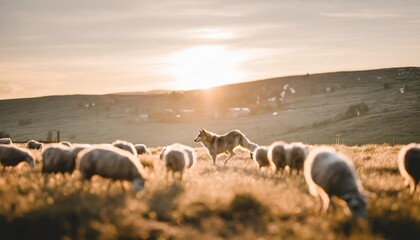 Wall Mural - a wolf hiding among a flock of sheep leading the way or waiting for the right moment to act concept of identity and difference of being unique among others or metaphor for hidden risk and danger