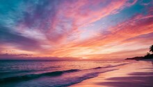 Anime Styled Breathtaking Sunset Over A Calm Ocean With Hues Of Orange Pink And Purple Painting The Sky