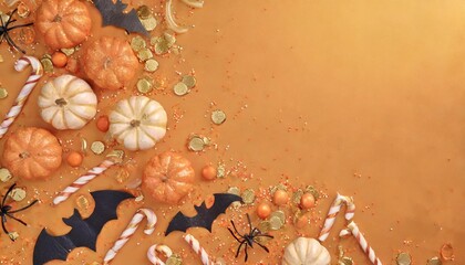 Wall Mural - halloween frame of scattered candy and decor top down view over an orange background with copy space